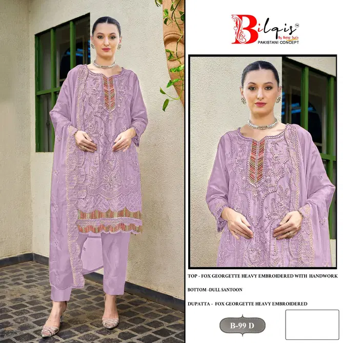 Bilqis B 99 A to D Faux Georgette Pakistani Suits Wholesale Price In Surat
